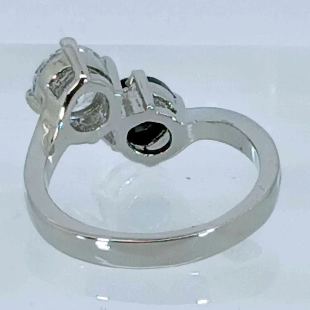 Vintage 90s Bypass Ring Black Clear CZ 2ctw Silver Tone Toi et Moi Ring Size 9